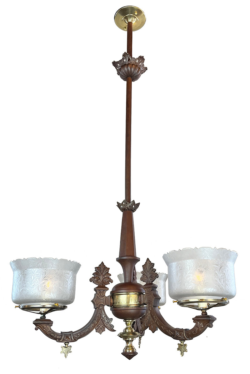 Late 1870s Renaissance Revival Antique Three Light Converted Gasolier Attributed to Cornelius and Sons of Philadelphia