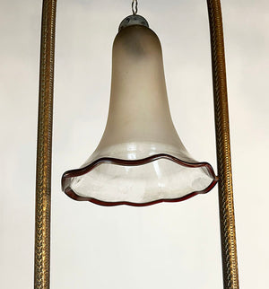 Antique Circa late 1870s early 1880s Renaissance Revival Converted Gas Hoop with Antique 5" Cranberry Fishbowl Shade and Matching Smoke Bell