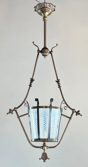 Stunning late 1880s early 1890s Antique Aesthetic Movement Conveted Gas Hoop with Opal Swirl Center Shade