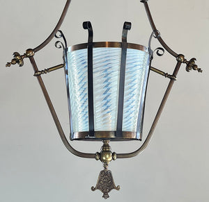 Stunning late 1880s early 1890s Antique Aesthetic Movement Conveted Gas Hoop with Opal Swirl Center Shade