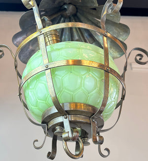 Antique Circa 1895 Converted Gas Electric Scroll Work Lantern with Honeycomb Vaseline Glass Shade