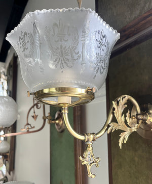 $900 PAIR - Antique Circa 1890 Converted Gas Scroll Arm Sconces with Acanthus Filigree and Antique Etched NeoClassical Shades