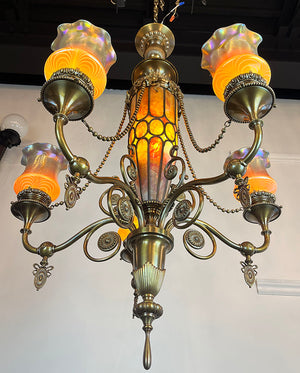 Stunning, Rare, Authenticated Antique Circa 1901 Gibson Gas Fixture Works of Philadelpha Five Light Beaux Arts Chandelier with Antique American Art Glass Pulled Feather Shades