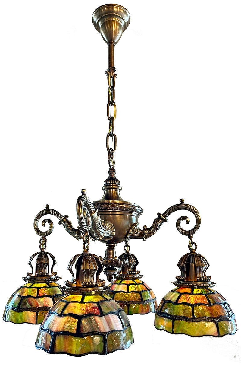 Incredible Early 1900s Beaux Arts Four Light Cast Bronze and Brass Dolphin Arm Chandelier with Original Leaded Glass Shades