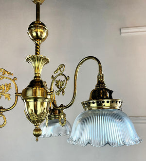 Antique Circa 1900 Late Victorian Downburning Converted Gas Light with Original Holophane Shades