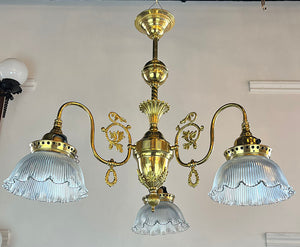 Antique Circa 1900 Late Victorian Downburning Converted Gas Light with Original Holophane Shades