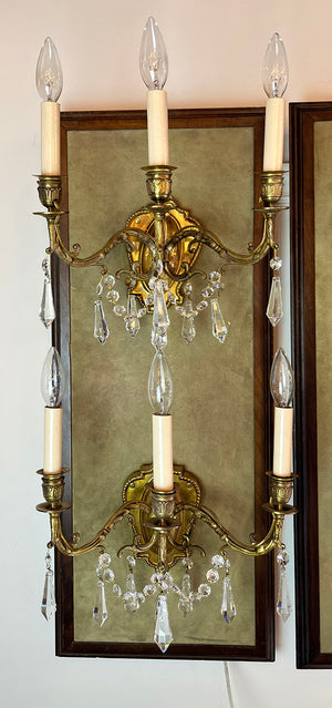 $900 PAIR - Antique Circa 1910 Three Light Candelabra Brass and Crystal Wall Sconces with Original Gilt Finish