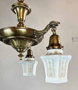 Antique Circa 1915 Acanthus Embossed Three Light Pan with Cast Neo Classical Acanthus Arms and Original Etched Opal Six SidedShades