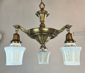 Antique Circa 1915 Acanthus Embossed Three Light Pan with Cast Neo Classical Acanthus Arms and Original Etched Opal Six SidedShades
