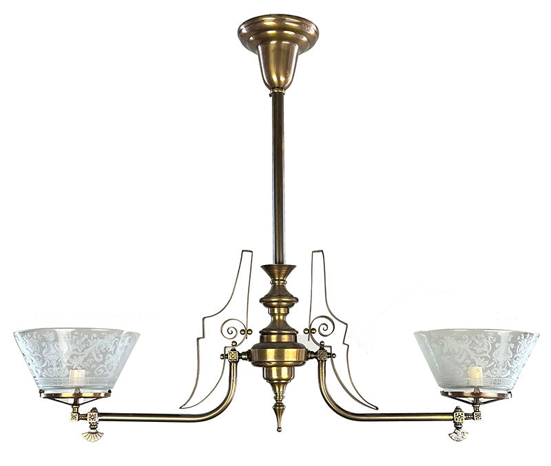 Antique Circa 1880s Two Light Aesthetic Movement Converted Gas Fixture with Antique 4" Gas Shades