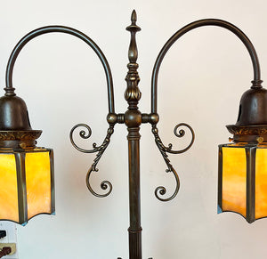 Antique Circa 1910 Double Filgree Arm Desk Lamp with Embossed Wreath Base and Antique Hexagonal Slag Glass Shades