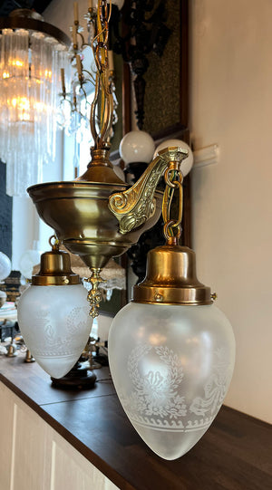 Antique Circa 1920 Two Light Edwardian Cast Neo Classical Arm Pan Light with Vianne Acid Etched Wreath and Garland Shades