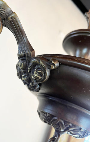 Antique Circa 1920 Two Light Edwardian Cast Arm Pan Light with Embossed Bottom and Scroll and Torch Neo Classical Arms