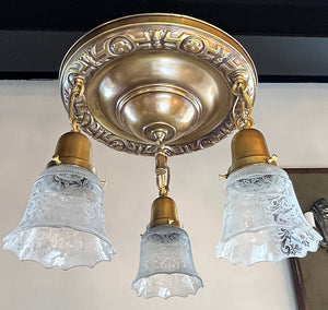 Antique Circa 1915 Three Light Embossed Flush Mount with Embossed Ringed and Rosette Border and Original Stencil Etched Shades