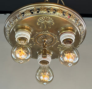 Antique Circa 1910 Three Light, Embossed Openwork Flush Mount Fixture with Shell and Fleurs de Lis Details