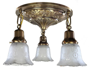 Antique Circa 1915 Three Light Embossed Flush Mount with Antique Stencil Etched Neo Classical Shades