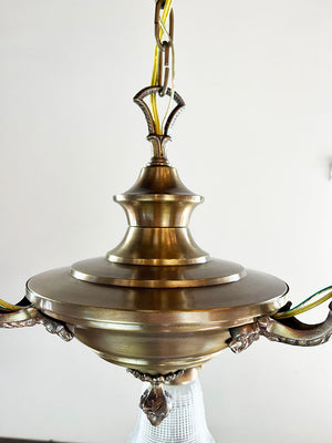 Antique 1920 Three Light Pan Fixture with Stepped Center Body and Cast Leaf and Acanthus Arms
