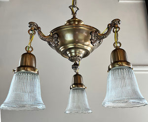 Antique 1920 Three Light Pan Fixture with Stepped Center Body and Cast Leaf and Acanthus Arms