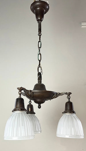 Antique 1920 Three Light Pan Fixture with Stepped Center Body and Cast Edwardian Arms