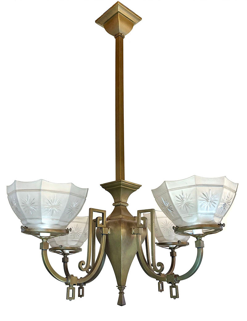Antique Circa 1900 Edwardian Four Light Gas Converted Fixture With Star Cut Sided Shades