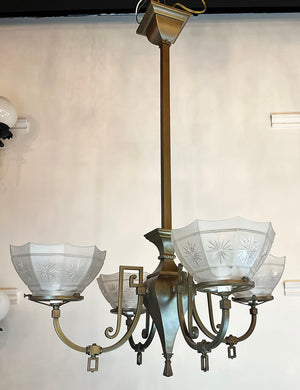 Antique Circa 1900 Edwardian Four Light Gas Converted Fixture With Star Cut Sided Shades