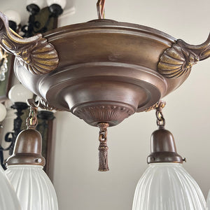 Antique Circa 1920 Four Light Pan With Cast Shell Arms Embossed Leaf and Beaded Border Center Body