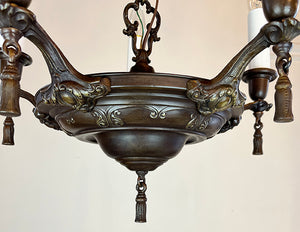 Antique 1920 Five Light Candleabra Pan Light with Embossed Center Body and Oval, Scroll and Acanthus Arms