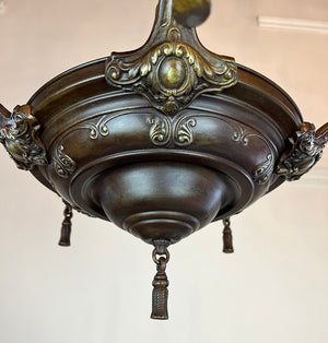 Antique 1920 Five Light Candleabra Pan Light with Embossed Center Body and Oval, Scroll and Acanthus Arms