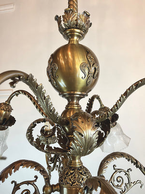 Stunning, Rare Antique Circa 1890s Combination Gas Electric Chandelier with Decorative Acanthus Leaves, Fluer de Lis and Original Matching Stencil Etched Shades
