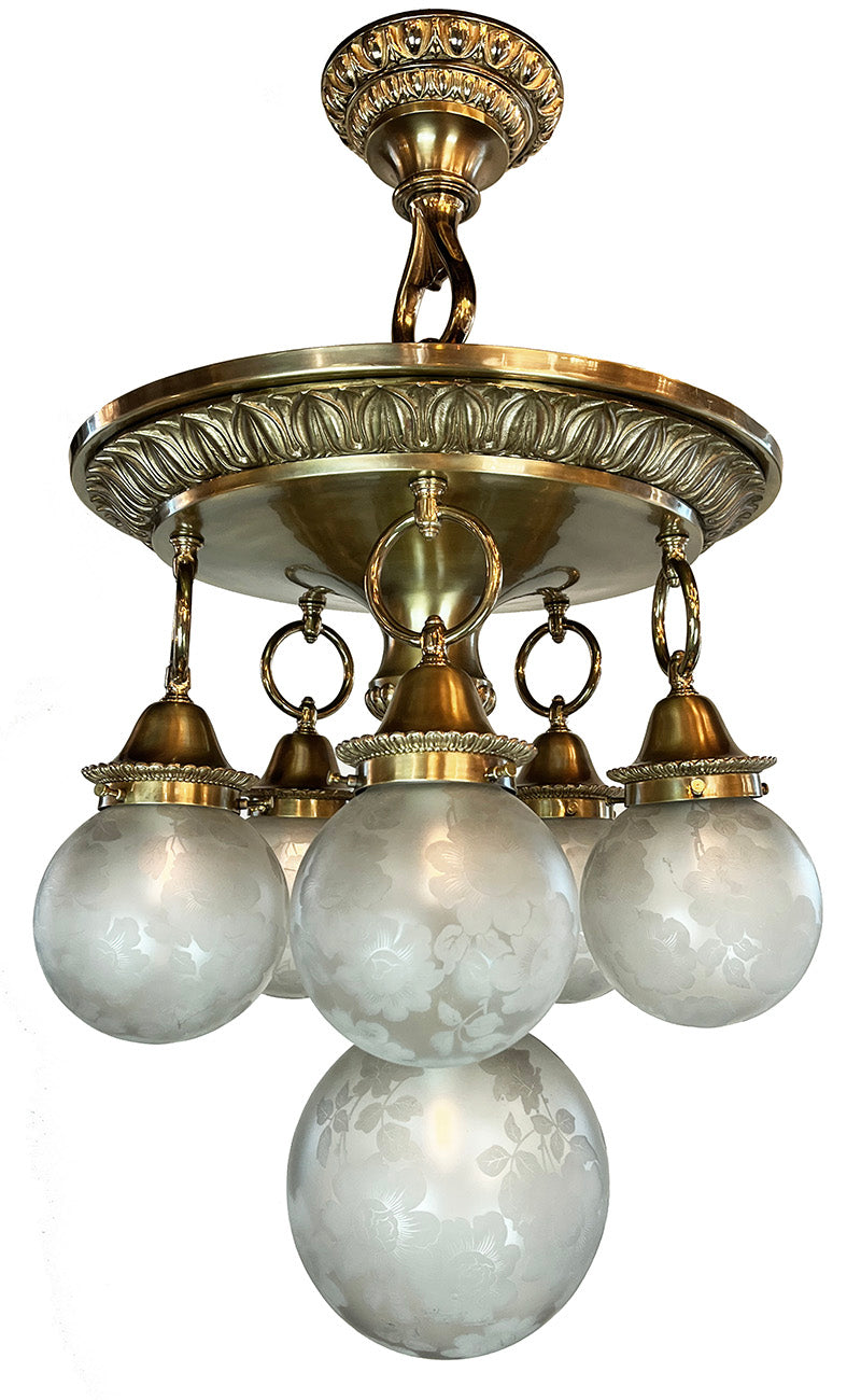 Stunning Early 1900s Beaux Arts Six Light Cast Brass and Bronze Chandelier Made by McDonald & Willson of Toronto/Montreal