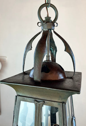 Antique Circa 1900 British Arts and Crafts Four Sided Lantern with Blue Ceramic Bullseye and Original Verdegris Finish