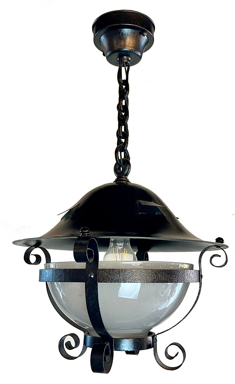 Antique Circa 1900 Wrought Iron Arts and Crafts Exterior Ceiling Fixture With Frosted Glass