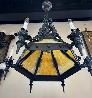 Incredible Late 1890s early 1900s Wrought and Cast Arts and Crafts Six Arm Converted Gas Electric Chandelier with Slag Glass Center Shade