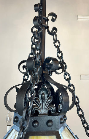 Incredible Late 1890s early 1900s Wrought and Cast Arts and Crafts Six Arm Converted Gas Electric Chandelier with Slag Glass Center Shade