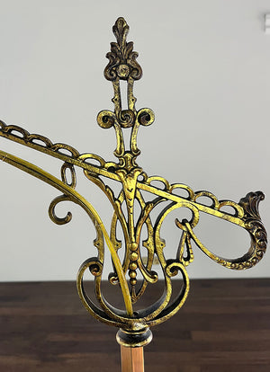 Antique Circa 1920 Bridge Arm Lamp With Large Cast Scroll Work Arm and Gold Leafed Border Shade