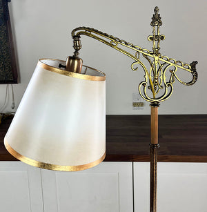 Antique Circa 1920 Bridge Arm Lamp With Large Cast Scroll Work Arm and Gold Leafed Border Shade