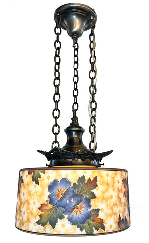 Antique Circa 1925-30 Art Deco Chain Suspended Pendant with Original Floral and Leaf Pattern Shade