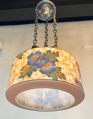 Antique Circa 1925-30 Art Deco Chain Suspended Pendant with Original Floral and Leaf Pattern Shade