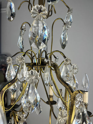 Antique Circa 1920 French Cast Brass and Crystal Eight Light Chandelier