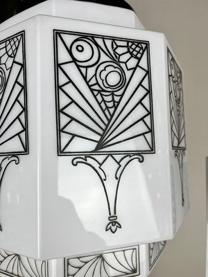 $1800 PAIR - Stunning Pair of Antique Circa 1930 Art Deco Skyscraper Black and White Stencil Etched Pendants