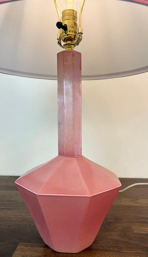 Antique Circa 1930 Czech Art Deco Hexagonal Pink Porcelain Table Lamp with Handmade Pink Border Shade