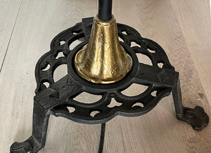 Antique Circa 1915 Tudor Revival Double Arm Wrought Iron and Brass Floor lamp with Mica Sheild Shades