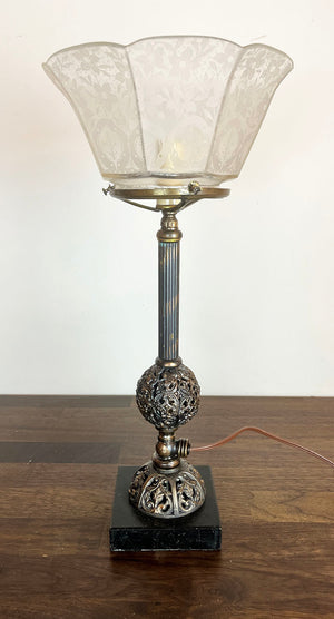 Antique Late 1880s early 1900s Converted Gas Portable Lamp with Original Japanned Copper FInish and Acid Etched Floral Shade