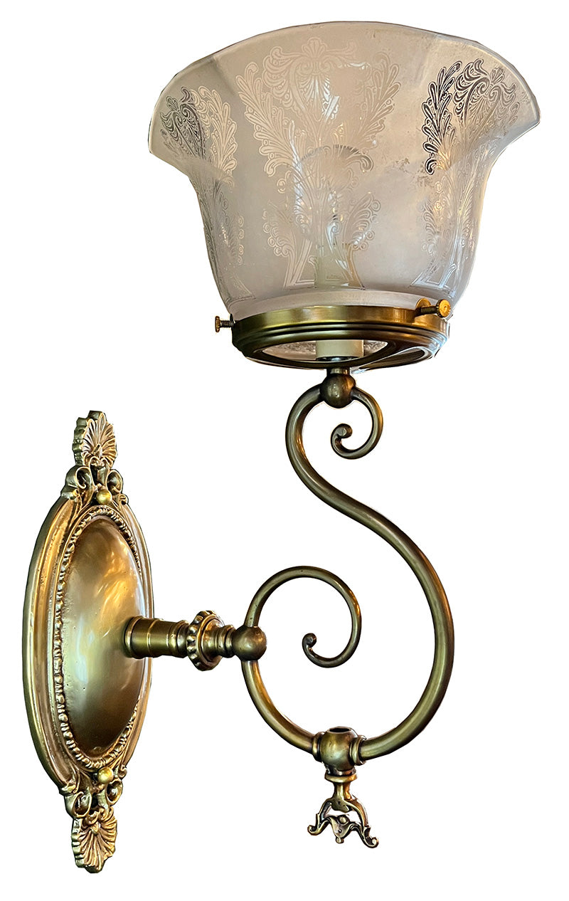 Antique 1890s Converted Gas Scroll Arm Wall Sconce with Original Stencil Etched Acanthus Pattern Shade