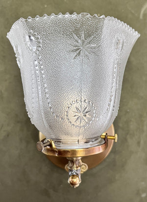 $650 PAIR - Antique Circa 1890s Cast Arm Cast Stationary Sconces with Pressed Glass Star Patterned Shades