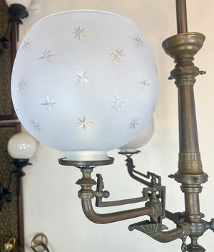 Antique Circa 1860s Bronze European Grecian Revival Converted Three Light Gas Light With Star Cut Shades
