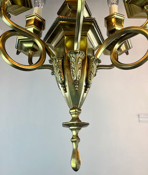 Antique Circa 1905 Six Light Beaux Arts Gas Electric Scroll Arm Chandelier with Six Sided Center Body