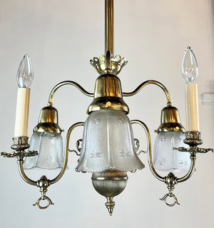 Antique Late 1890s early 1900s Converted Gas Electric Six Light Chandelier with Antique Pressed Glass Star Patterned Shades