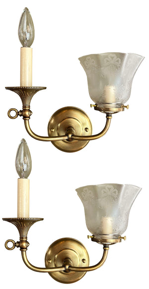 $750 PAIR - Antique Circa 1900 Gas Electric Double Light Wall Sconces wiht Antique Acid Etched Shades