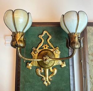 $2300 PAIR - Rare Pair of Incredible Handel Double Light American Art Nouveau Wall Sconces with Original Panel Glass Shades